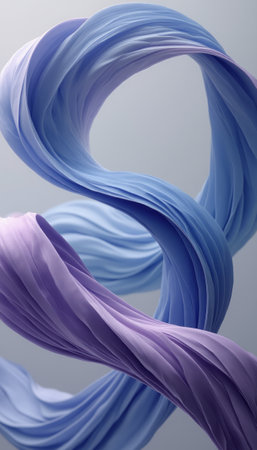 A close-up of an abstract fabric-like structure in purple and blue, with smooth flowing folds and twists. The image creates a sense of movement and fluidity with its soft shapes.の素材