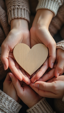 Close-up of multiple hands holding a wooden heart together, symbolizing love, care, and unity. The image focuses on connection, support, and community values.の素材
