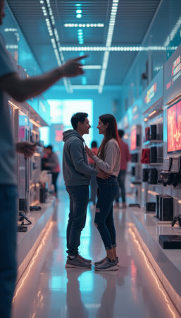 Customers browse through various tech gadgets at an electronics store, exploring the latest devices on display.の素材