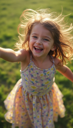 A joyful young girl runs through a meadow on a bright sunny day, her hair flowing in the wind. She radiates happiness and freedom, enjoying the outdoors.の素材