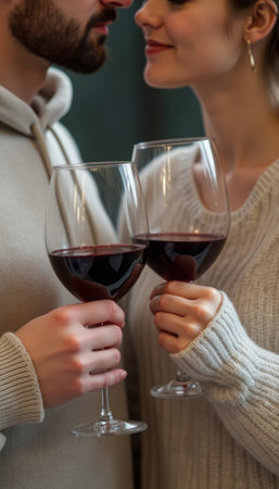 A close-up of a couple toasting with glasses of red wine, sharing an intimate and romantic moment. The warm lighting enhances the ambiance of love and celebration.の素材