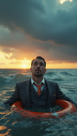 A businessman in a suit floating in the ocean at sunset, symbolizing resilience or struggle in the face of challenges. The dramatic sky adds intensity to the scene.の素材