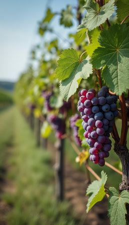 A close-up of a grapevine with clusters of ripe grapes in a lush vineyard, symbolizing agriculture and harvest season. The vibrant colors highlight the richness of nature.の素材