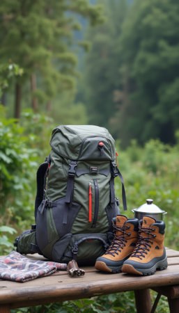 A hiking backpack and boots set on a wooden table in an outdoor setting, symbolizing adventure and exploration. The scene captures the essence of travel and readiness.の素材