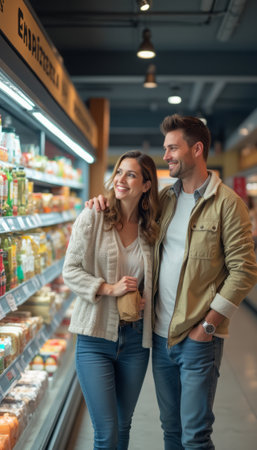 A couple smiling and standing close together in a grocery store aisle, symbolizing everyday moments and togetherness. The scene radiates warmth and domestic harmony.の素材