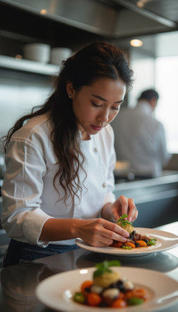 A chef attentively plates a colorful and carefully prepared dish in a professional kitchen setting.の素材