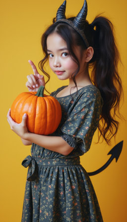 A young girl dressed in a Halloween costume holds a pumpkin, smiling playfully at the camera.の素材