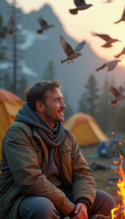 A man smiles by a campfire as birds fly across the sunset-lit sky, capturing a moment of serenity.の素材