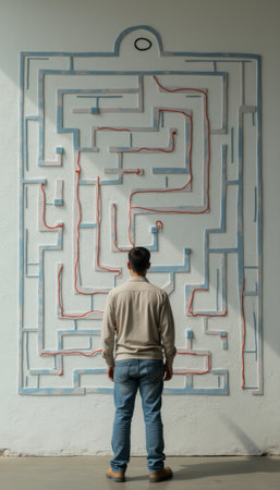 A man stands in front of a large wall maze drawing, contemplating its design and complexity.の素材