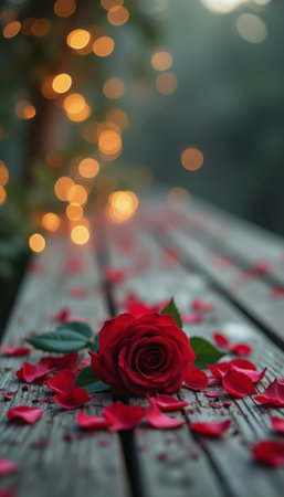 A single red rose with scattered petals lies on a wooden table, illuminated by warm fairy lights in the background.の素材