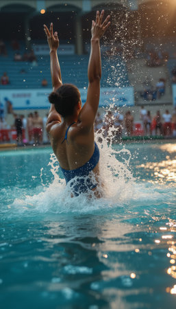 A synchronized swimmer raises her arms as she emerges from the water, demonstrating skill and elegance.の素材