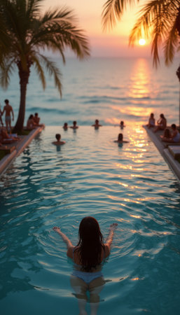 A woman relaxes in an infinity pool facing the ocean as the sun sets, creating a tranquil tropical scene.の素材
