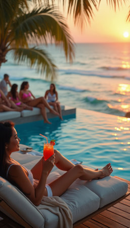 A woman lounges with a cocktail at an infinity pool overlooking the ocean at sunset.の素材
