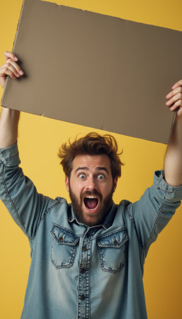 A cheerful man with a big smile holds up a blank signboard, ready for customization or messages.の素材