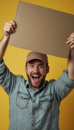 A joyful man wearing a cap holds a blank signboard with a friendly smile, creating a welcoming vibe.の素材