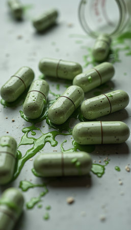 Green herbal capsules scattered on a surface, symbolizing natural supplements and wellness.の素材
