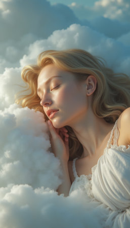 A serene woman sleeps peacefully, surrounded by soft clouds, creating a dreamy and ethereal atmosphere.の素材