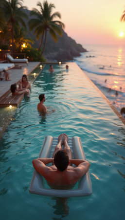 A woman relaxes on an inflatable in a pool, enjoying the sunset over a serene ocean view.の素材