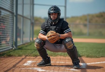 A focused baseball catcher squats in full gear behind home plate, ready for the pitch.の素材