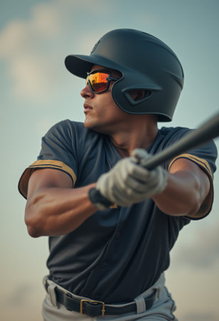 A focused baseball player in a dark helmet and sunglasses is poised to swing a bat, showcasing determination and athleticism. The image captures the intensity of the moment, highlighting the players muscular build and the dynamic outdoor setting.の素材