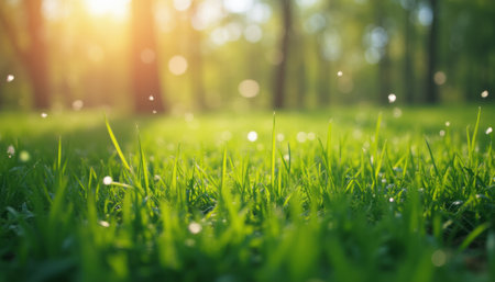 A lush carpet of vibrant green grass glistens under the warm embrace of sunlight filtering through the trees, creating a magical atmosphere. Delicate specks of light dance in the air, evoking a sense of tranquility and connection to nature, as if the forest is alive with whispers of serenity.の素材