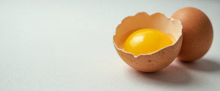 A cracked eggshell cradles a vibrant yellow yolk, glistening against a soft, muted background. The scene captures the essence of freshness and potential, with the whole egg nearby, symbolizing new beginnings and culinary creativity.の素材