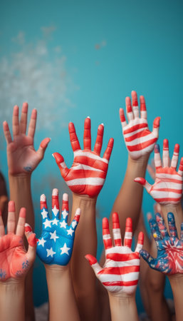 A vibrant display of hands raised high, each adorned with colorful paint reflecting the American flag, creates a powerful symbol of unity and patriotism. The diverse array of skin tones and artistic designs showcases a joyful celebration, evoking feelings of togetherness and national pride against a bright blue backdrop.の素材