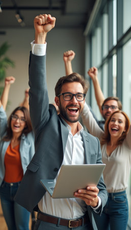 A group of enthusiastic colleagues celebrates a significant achievement in a modern office setting, with one man at the forefront holding a tablet and raising his fist in triumph. The atmosphere is electric with joy, as smiles and cheers radiate from the team, showcasing camaraderie and the thrill of shared success.の素材