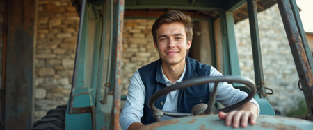A cheerful young man sits confidently behind the wheel of a vintage tractor, exuding a sense of pride and connection to his rural roots. The rustic stone wall in the background complements his casual attire, creating a warm, inviting atmosphere that celebrates the charm of country life.の素材