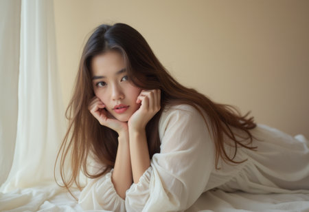 A young woman with long, flowing hair rests her chin on her hands, gazing softly at the camera against a gentle, neutral backdrop. Her delicate features and the ethereal quality of the soft fabric around her create an atmosphere of tranquility and introspection, inviting viewers into a moment of quiet reflection.の素材