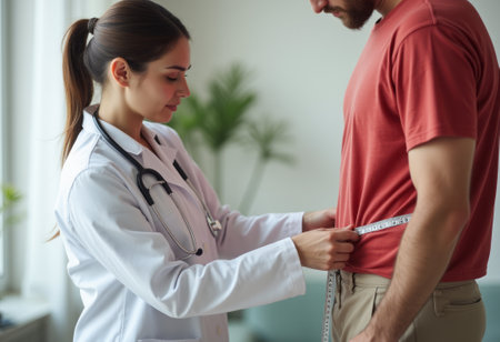 In a bright, inviting medical office, a focused female doctor in a white coat measures the waist of a male patient wearing a casual red shirt. The scene captures a moment of care and professionalism, highlighting the importance of health assessments in a supportive environment.の素材