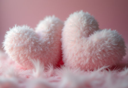 Two soft, fluffy pink hearts sit close together on a delicate pink background, exuding warmth and affection. Their plush texture and gentle curves create a cozy atmosphere, inviting feelings of love and tenderness, perfect for celebrating romance or friendship.の素材