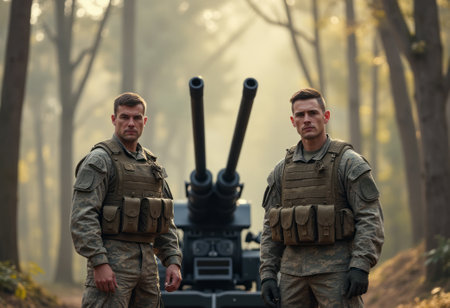 Two determined soldiers stand resolutely in a sun-drenched forest, flanked by a powerful artillery piece that looms behind them. Their expressions convey a mix of focus and camaraderie, embodying the spirit of teamwork and resilience in the face of challenges.の素材