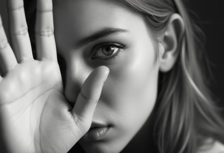 In this striking black-and-white portrait, a young woman gazes intensely at the viewer, her face partially obscured by her hand. The soft shadows and highlights accentuate her features, creating a captivating interplay of light and emotion that draws you into her world.の素材
