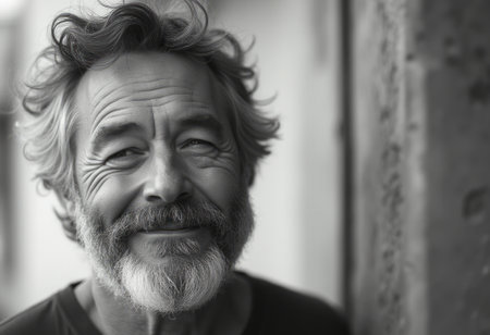 This captivating black-and-white portrait features an elderly man with a gentle smile, exuding warmth and wisdom. His tousled hair and well-groomed beard frame a face marked by deep lines, each telling a story of a life well-lived, while the soft background enhances the intimate atmosphere of the moment.の素材