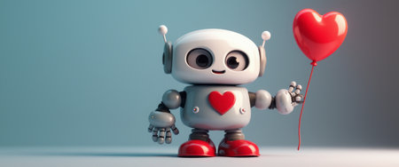 A charming, cartoonish robot stands against a soft gradient background, joyfully holding a bright red heart-shaped balloon. With its expressive eyes and a heart emblem on its chest, this delightful character radiates warmth and affection, embodying the spirit of love and friendship in a whimsical way.の素材