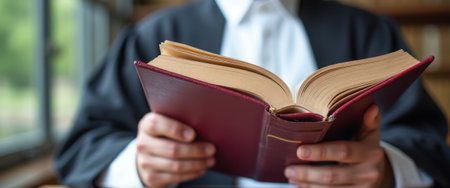 A person in a formal black robe holds an open book, its pages gently fanned, revealing the wisdom within. The soft natural light streaming through the window highlights the rich texture of the books cover, symbolizing the pursuit of justice and the importance of knowledge in the legal profession.の素材
