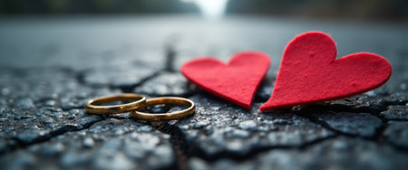 Two gleaming gold wedding rings rest beside vibrant red felt hearts on a cracked asphalt surface, symbolizing loves enduring nature amidst lifes challenges. The juxtaposition of the shiny rings and the textured road evokes a poignant sense of commitment and vulnerability, capturing the essence of romance in a raw, urban setting.の素材