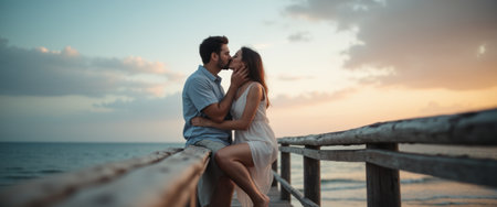 A couple shares a tender kiss on a wooden pier, bathed in the warm glow of a sunset that paints the sky in soft hues of orange and blue. The serene ocean waves gently lap against the shore, creating a dreamy atmosphere that encapsulates their love and connection in this idyllic moment.の素材