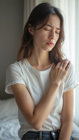 A young woman stands in a softly lit room, her expression a blend of introspection and vulnerability as she gently touches her shoulder. The natural light streaming through the window highlights her delicate features and the serene atmosphere, evoking a sense of calm and reflection.の素材
