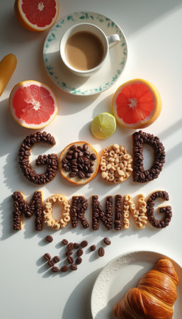 A delightful breakfast scene features a cup of coffee alongside vibrant citrus fruits and a buttery croissant, all artfully arranged to spell out "GOOD MORNING" in a playful mix of coffee beans and cereal. The warm sunlight bathes the table, enhancing the inviting atmosphere and making the colors pop, creating a perfect start to the day.の素材