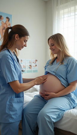 In a serene medical setting, a healthcare professional gently examines a pregnant womans belly, radiating warmth and care. The atmosphere is filled with anticipation and joy, as the expectant mother smiles, embodying the beauty of motherhood and the bond formed during this special moment.の素材