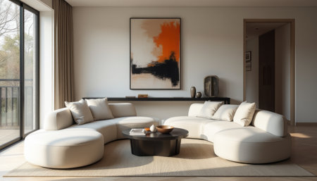 This stylish living room features a contemporary circular sofa in soft beige, paired with a sleek black coffee table. The warm ambiance is enhanced by a striking abstract painting in orange and black, creating a perfect blend of comfort and sophistication.の素材