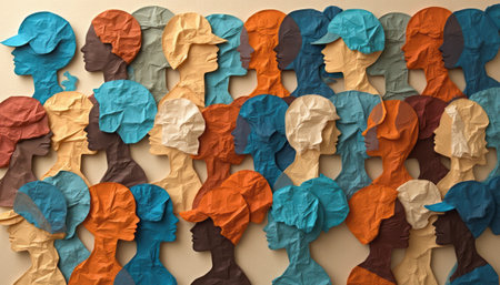 A vibrant collage of crumpled paper silhouettes showcases a variety of head profiles in shades of blue, orange, and beige. This artistic representation celebrates diversity and individuality, highlighting the unique features and styles of each silhouette.の素材