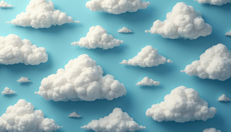 A dreamy expanse of fluffy white clouds floats gracefully against a tranquil blue backdrop, evoking a sense of peace and wonder. The soft, billowy shapes of the clouds create a whimsical atmosphere, perfect for inspiring creativity and relaxation.の素材