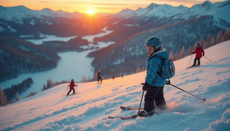 A young child in a blue jacket and helmet navigates the snowy slopes as the sun sets behind majestic mountains. The scene captures the thrill of winter sports, with skiers gliding gracefully down the hill, surrounded by a breathtaking winter landscape.の素材
