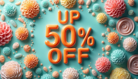 A bold UP 50 OFF message stands out against a playful backdrop of pastel-colored flowers and swirls. This eye-catching design is perfect for promoting sales, evoking feelings of joy and excitement with its cheerful colors and whimsical elements.の素材