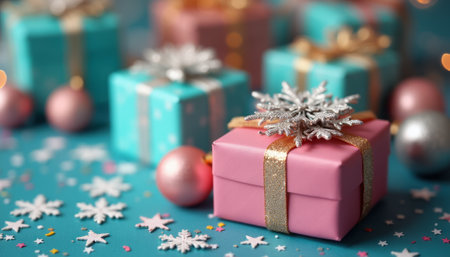A collection of beautifully wrapped gift boxes in pastel pink and turquoise, embellished with sparkling snowflakes and golden ribbons. The scene is enhanced by shimmering ornaments and scattered confetti, evoking a joyful holiday spirit.の素材
