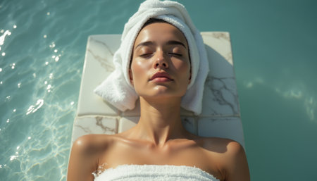 A tranquil young woman with a towel wrapped around her head relaxes by the pool, embodying pure bliss. The soft sunlight glistens on her skin, enhancing the peaceful atmosphere of this rejuvenating moment.の素材