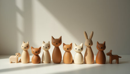 A delightful collection of wooden animal figurines, including cats, a rabbit, and a dog, basking in soft sunlight. Their warm, natural tones and simplistic designs evoke a sense of nostalgia and playfulness, perfect for home decor or childrens spaces.の素材